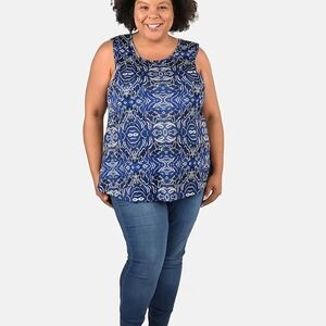 Tamsy Navy Wave Print Basic Scoop Neck Knit Tank